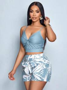 SOLERSUN 春夏女士无袖吊带扭结前襟褶皱露背上衣和系带前片短裤编织两件套，砖红色花卉印花 - 霧霾藍 - 查看 7
