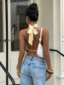 Siren Gaze Atasan Tank Top Wanita Elegan Tanpa Punggung Model Kamisol Satin, Musim Panas - Kuning muda - View 2