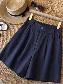 Women's Loose Button Pleated Shorts, Versatile For Commuting In Summer - Navy Blue - View 6