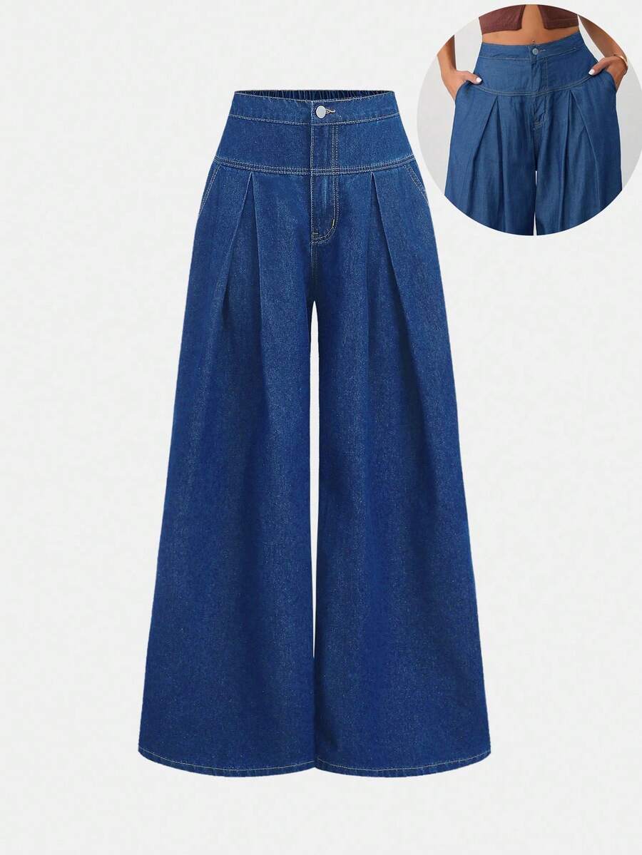 SHEIN Girlism Teen GirlLoose Fit Ruffled Hem Dark Blue Denim Jeans - Medium Wash - View 1