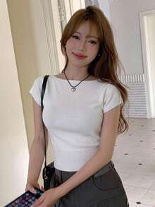 DAZY 女款純色露肩短袖修身針織上衣 夏季 - 白色 - 查看 5