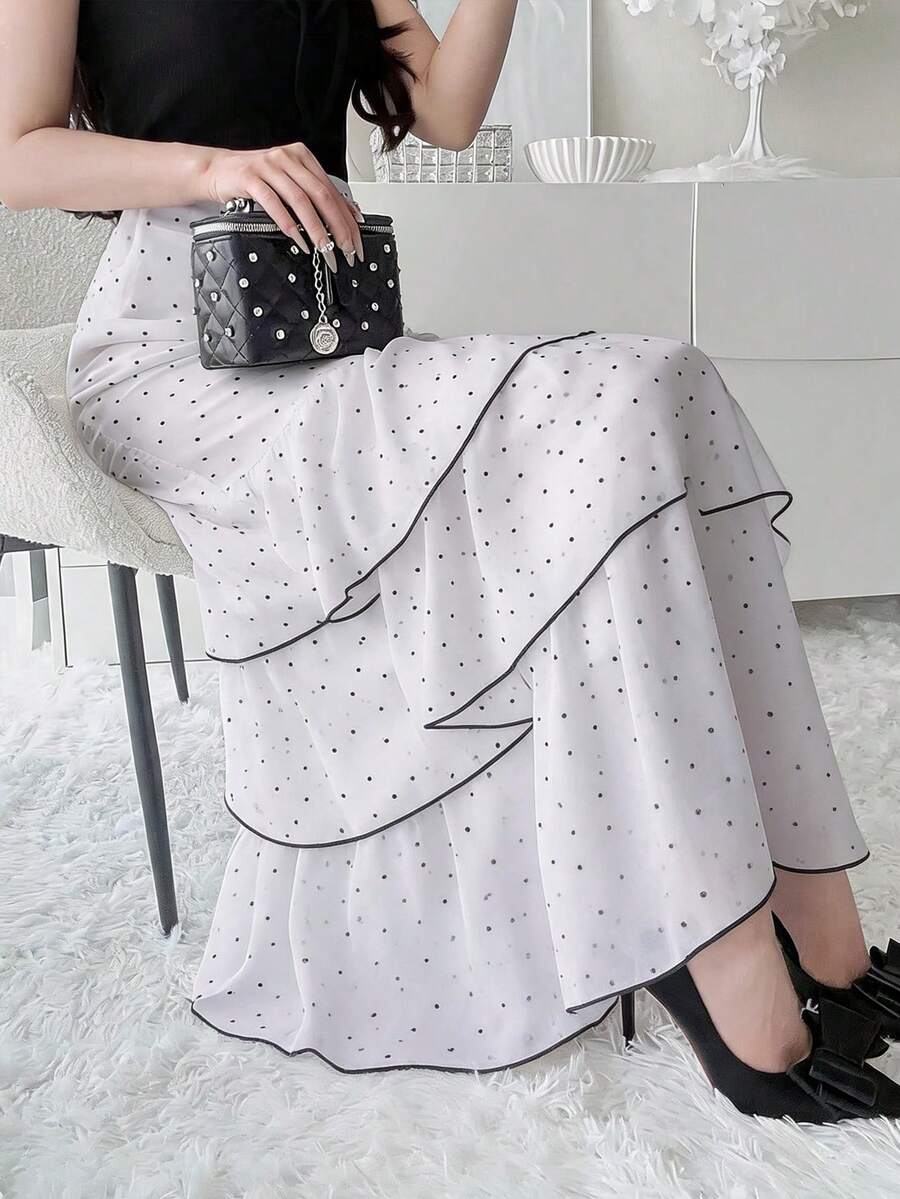 FRIFUL Falda de verano para mujer con volantes en el bajo, de estilo de lunares y contraste de color - Blanco - Ver 1