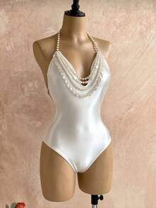 Swim Oasis New Shell Beaded Chain Decor Shiny Backless One-Piece Swimsuit For Women - White - View 4