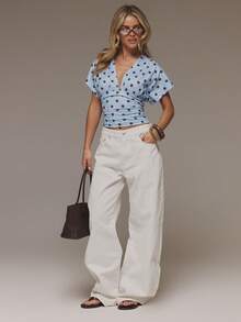 MUSERA Polka Dot Crop Top With Deep V Neckline And Ruched Waistband Spring Summer Y2k Feminine Casual Girly Trending - Multicolor - View 3