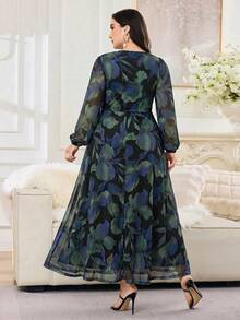 Modelyn Plus Size Elegant Floral Print Midi Dress For Commuting Fall - Blue - View 2
