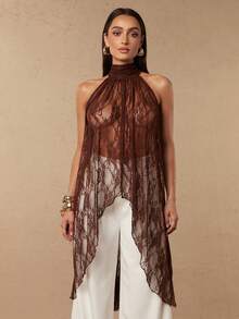 Silquee Women's Pastal Lace Halter Dress Elegant Sexy Semi-Sheer Floral Jacquard Turtleneck Asymmetrical Blouse Top Summer Party Night Date Golf Brown - Brown - View 3
