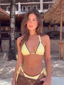 Swim Mod Bộ bikini mùa hè dành cho nữ, phối màu tương phản, hở lưng, buộc dây phía trước, thiết kế buộc dây bên hông, thích hợp cho kỳ nghỉ biển. - Nhiều màu - Xem 1