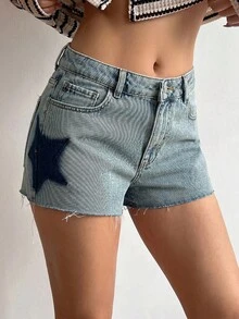 SHEIN Casual Street Wear Y2k Navy Blue Comfort Cotton Contrast Star DetailsPocket Jean Shorts Denim Shorts High Waist Leopard Detail Pattern Patch Pocket - Light Wash - View 1