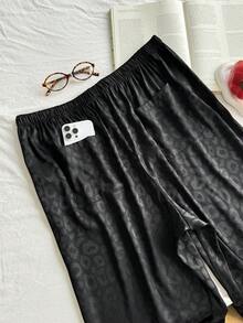 Comfortcana Quần dài cỡ lớn thoải mái bằng vải satin in họa tiết da báo cổ điển, có dây rút, thích hợp mặc ở nhà. - màu đen - Xem 5
