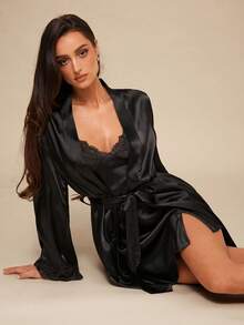 Silquee Conjunto de pijama de unicolor para mujer con parches de encaje, ropa de otoño e invierno - Negro - Ver 7
