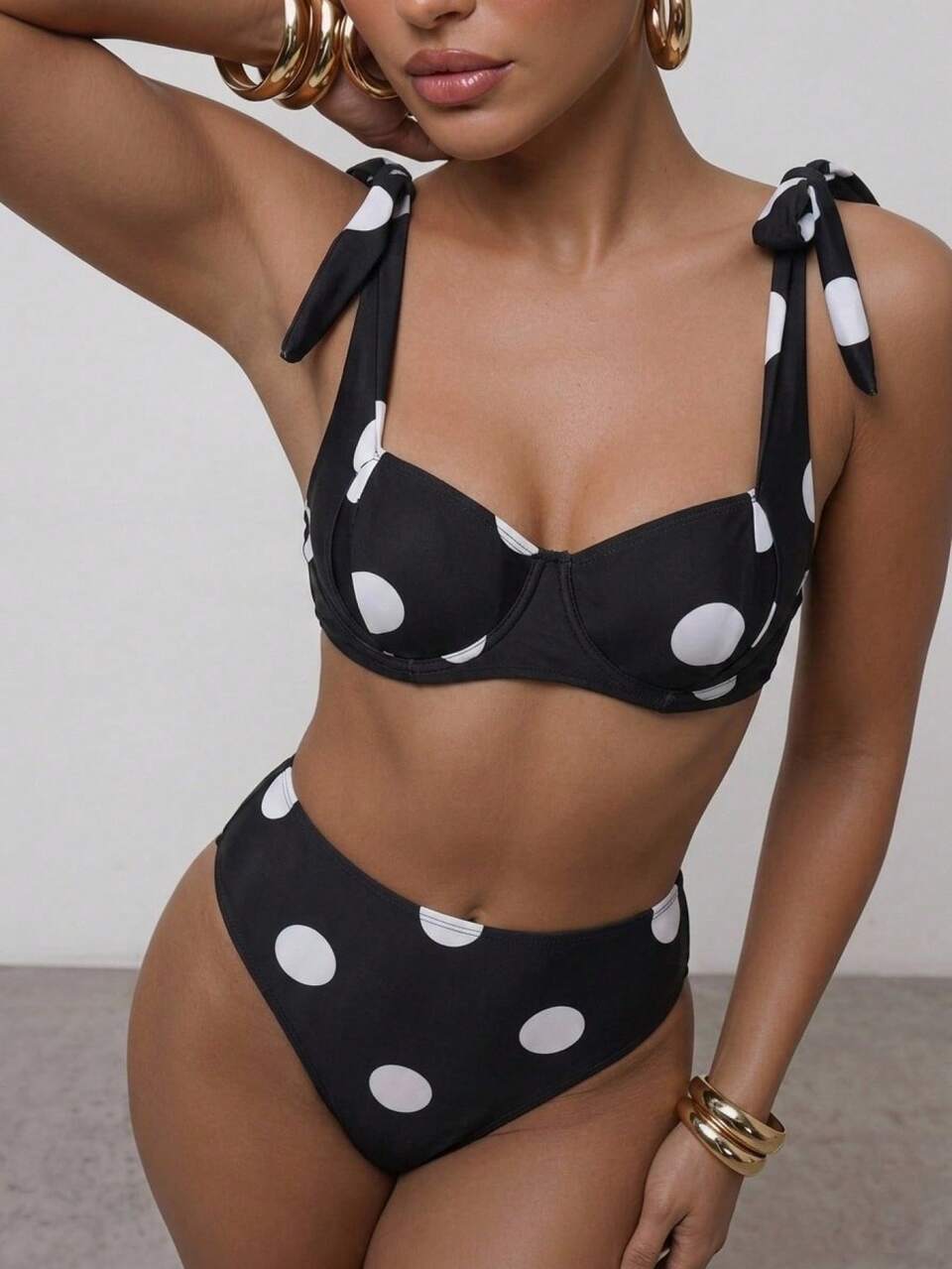 SHEIN Maija Women's Summer Beach Polka Dot Print Tie Shoulder Bikini Set