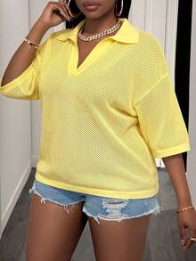 Slaydiva Loose Fit Solid White V-Neck Drop Shoulder Casual Vacation Hollow-Out Knit Plus Size T-Shirt Top For Women, Spring/Summer - Light Yellow - View 4