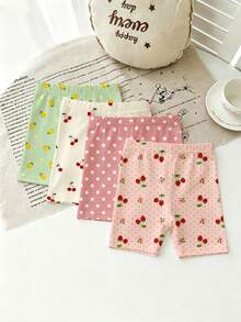 SHEIN Playful Pals 4条装女童水果印花柔软弹力短裤，包括柠檬、樱桃、波点、草莓款式，轻盈弹力面料，适合日常穿着、上学、外出、叠穿，春夏秋季皆宜。 - 彩色 - 查看 5