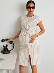 MaterniWear Striped Round Neck Short-Sleeved Maternity Dress With Side Slits And Apricot Hem; Suitable For Summer Casual Commuting.  Formal Dress   Formal - Apricot - View 6