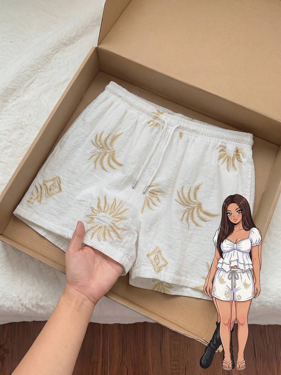 Comfortcana Plus Size Women Summer Casual Drawstring Waist Embroidered Shorts - White - View 1