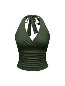 ROMWE Grunge Punk Y2K Leopard Print Halter Neck Tank Top For Women - Army Green - View 5