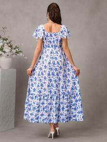 GentleRue Maternity Đầm cho con bú tay ngắn xếp bèo, viền hoa tua rua, khóa kéo phía trước và bên hông, đầm chữ A màu trắng có viền xếp bèo. - Xanh và trắng - Xem 2