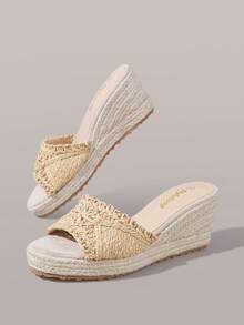 Styleloop Giày nữ, màu nâu nhạt, giày rơm dây gai đan rỗng, dép đế xuồng cao, tăng chiều cao, phong cách Bohemian cho kỳ nghỉ - Màu be - Xem 10
