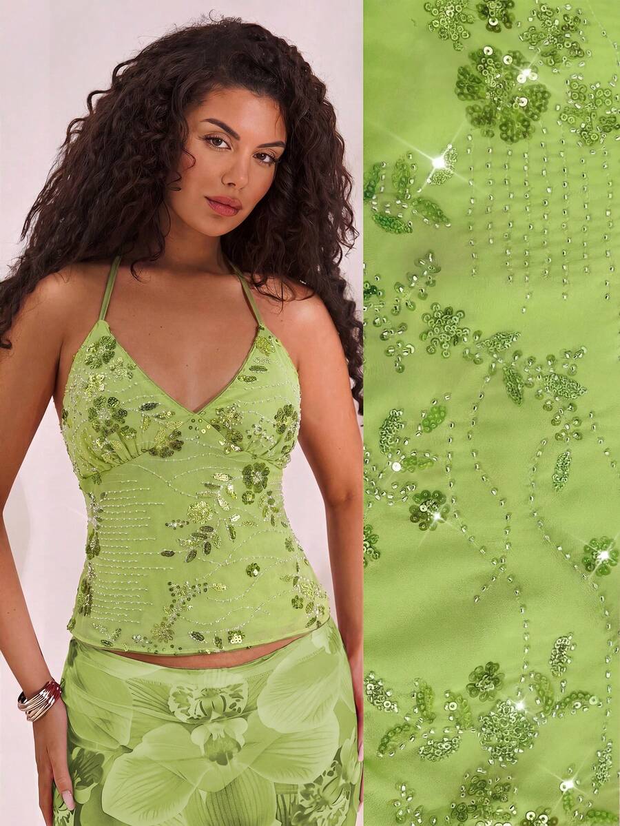 Opulessa Solid Color Beaded Embroidered Backless Blouse For Women,Summer Top - Lime Green - View 1