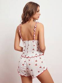 Elorette Cherry Print Bow Front Lettuce Trim Mesh Cami Top & Shorts PJ Set / Pajama Set White Set - White - View 2