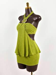 SaltGleam SaltGleam Avant-Garde Sexy Bodycon Strapless Metal Button Decor Camisole Super Mini Skirt 2 Pieces Set Club Party Night Olive Green Summer - Green - View 3