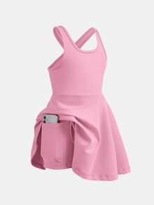 SHEIN 女童纯色针织修身无袖圆领休闲连衣裙运动服 - 粉色 - 查看 5