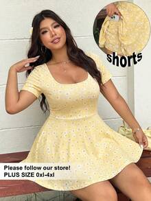 SHEIN EZwear 大码女式夏季休闲度假风全印花雏菊花卉圆领收腰连体裤 - 鵝黃色 - 查看 1