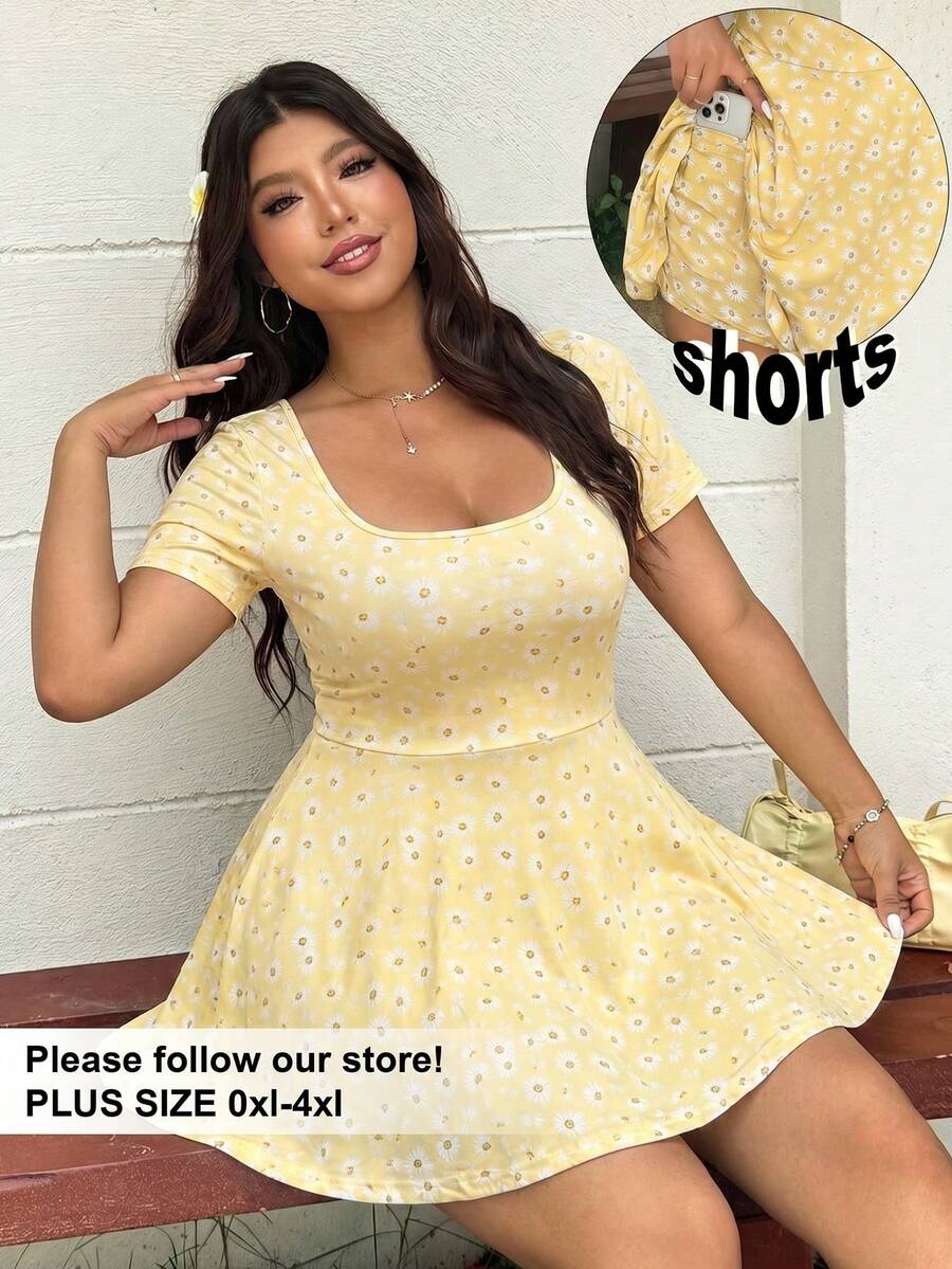 SHEIN EZwear 大码女式夏季休闲度假风全印花雏菊花卉圆领收腰连体裤 - 鵝黃色 - 查看 1