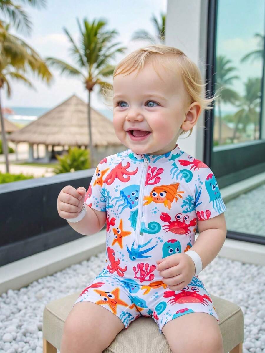SHEIN 幼儿男童卡通海龟印花连体短袖泳衣，夏季海滩度假，游泳池，婴儿男童泳装