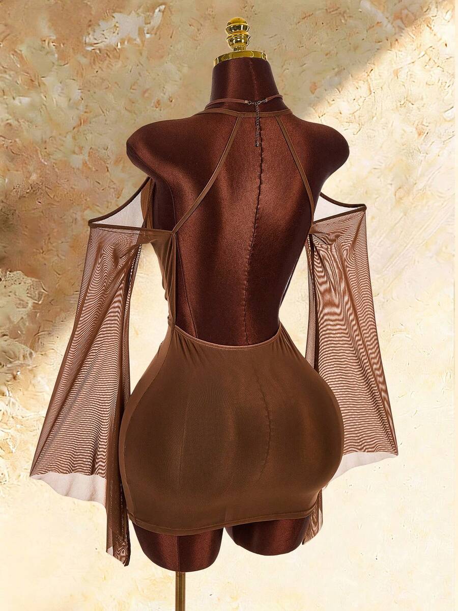 Amplova Đầm ngắn ôm sát không tay, cổ trễ vai, kiểu dáng trễ vai dành cho nữ - Màu Khaki - Xem 1