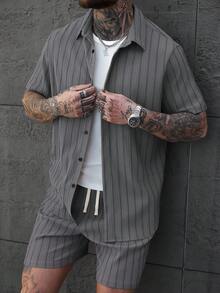 SLATEMANN Plus Size Men's Jacquard Striped Short Sleeve Shirt And Shorts Set - Grey - View 5