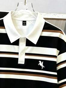 Manfinity Joysei Men's Casual Striped Button Collar Polo Shirt, Suitable For Spring/Summer, School, Outings, World Cup - Black - View 3
