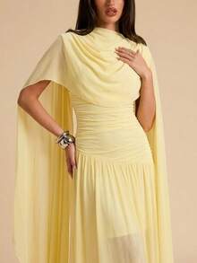 SHEIN BAE 1 chiếc đầm mùa hè màu vàng trơn, cổ choàng, dáng chữ A, thanh lịch, đầm vàng, đầm ôm sát, đầm xòe, trang phục dự tiệc cưới. - Màu vàng - Xem 5