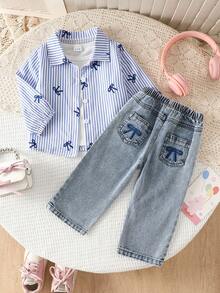 SHEIN Playful Pals 女嬰春/秋條紋長袖上衣 & 寬鬆淺藍色牛仔褲 2件套，可愛休閒日常穿搭與外出服裝 - 藍色 - 查看 1
