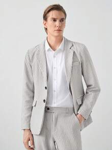 Manfinity CityGents Men's Grey Striped Textured Spring/Summer Front Button Long Sleeve Suit Jacket And Pants Set Prom Suit For Men Mans Outfit Mans Suit Elegant Outfit For Men Pin Stripe Suit Old Money,Daily Leisure, Weekend Trips, Outdoor Activities, Travel Expeditions, Relaxed Work Environments Or Semi-Formal Occasions, Boyfriend/Husband Gift, Anniversary /Birthday Gift Party Summer Vacation Holiday,Wedding,Spring To Summer,Easter,Y2k,Vintage,Hawaii - Grey - View 4