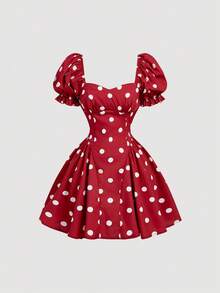SHEIN MOD Vestido mini de mujer con estampado de bloques de color y lunares - Rojo y blanco - Ver 5