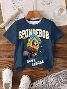 SpongeBob SquarePants | SHEIN 小男孩卡通印花全身印花T恤 - 白色 - 查看 3