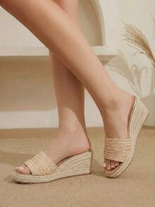 Styleloop Giày nữ, màu nâu, giày rơm đan bằng dây gai dầu, sandal đế xuồng, giày giúp tăng chiều cao, phong cách bohemian cho kỳ nghỉ. - Màu be - Xem 2