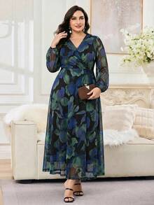 Modelyn Plus Size Elegant Floral Print Midi Dress For Commuting Fall - Blue - View 6