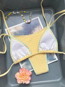 Swim Mod Women's 2026 Spring/Summer New Cream Yellow Textured Fabric Contrast Sky Blue Floral Bud Trim V-Neck Backless Triangle Tie Bikini Swimsuit 2-Piece Set - Yellow - View 4