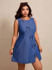 Elaquor Đầm denim không tay dáng rộng mùa hè, kiểu dáng thường ngày, có nơ trang trí. - Màu xanh lam - Xem 5