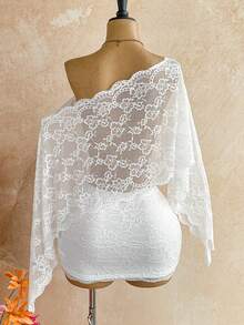 Soleia White Sequin Sheer Asymmetric Shoulder Loose Top + Ruched Waist Floral Skirt, Suitable For Party Beach, Vacation, Music Festival, Bohemian Style Boho - White - View 2