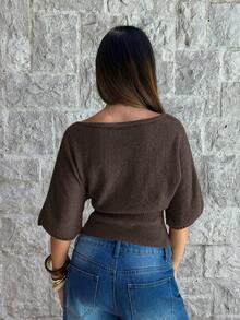 Aloruh Suéter holgado de mujer de cuello barco, manga de murciélago acanalada y manga corta, color albaricoque, adecuado para ir al trabajo y uso diario en primavera/verano - Café integral - Ver 2