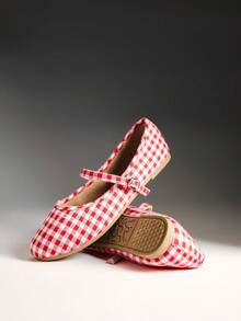 Solezae Women's Fashionable Check Fabric MaryJane Flats - Red - View 10