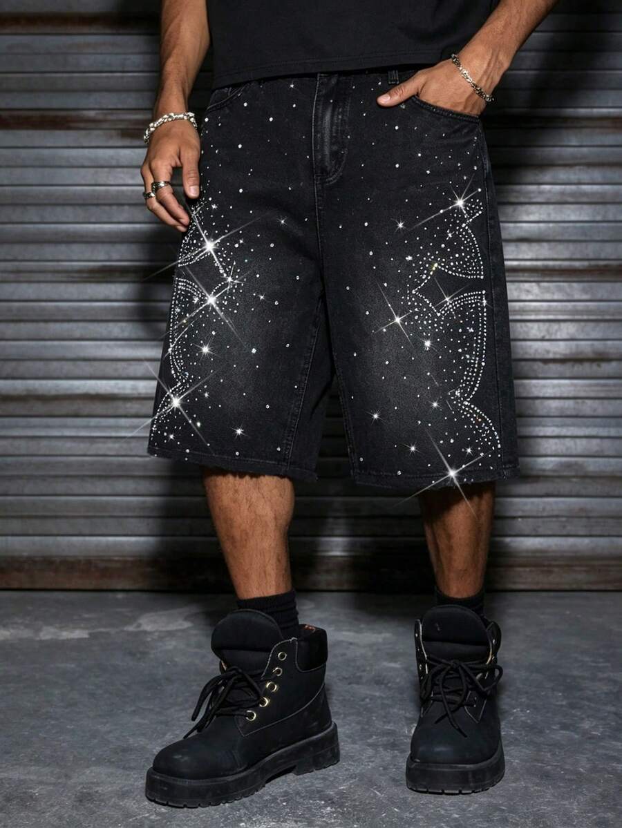 Manfinity LEGND Men's Gothic Street Style Cross Rhinestone Decor Loose Washed Black Denim Shorts - Black - View 1