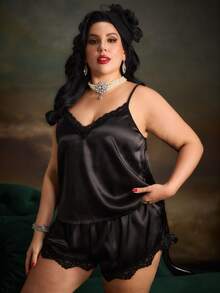 PinupPomp Plus Size Pajama Sets Kontras Lace Plain - Hitam - View 2