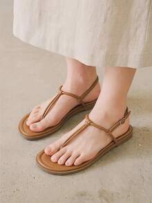 HighSole Women's Flat Sandals With Toe Strap, Comfortable Spring/Summer Outdoor/Indoor Fashion, Minimalist, Suitable For Holidays, Daily Commute, Elegant Retro Style - Brown - View 2