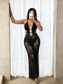 Glyssa Women's Fashion Sexy Halter Backless Hollow-Out Lace Patchwork Bodycon Long Jumpsuit - Black - View 6