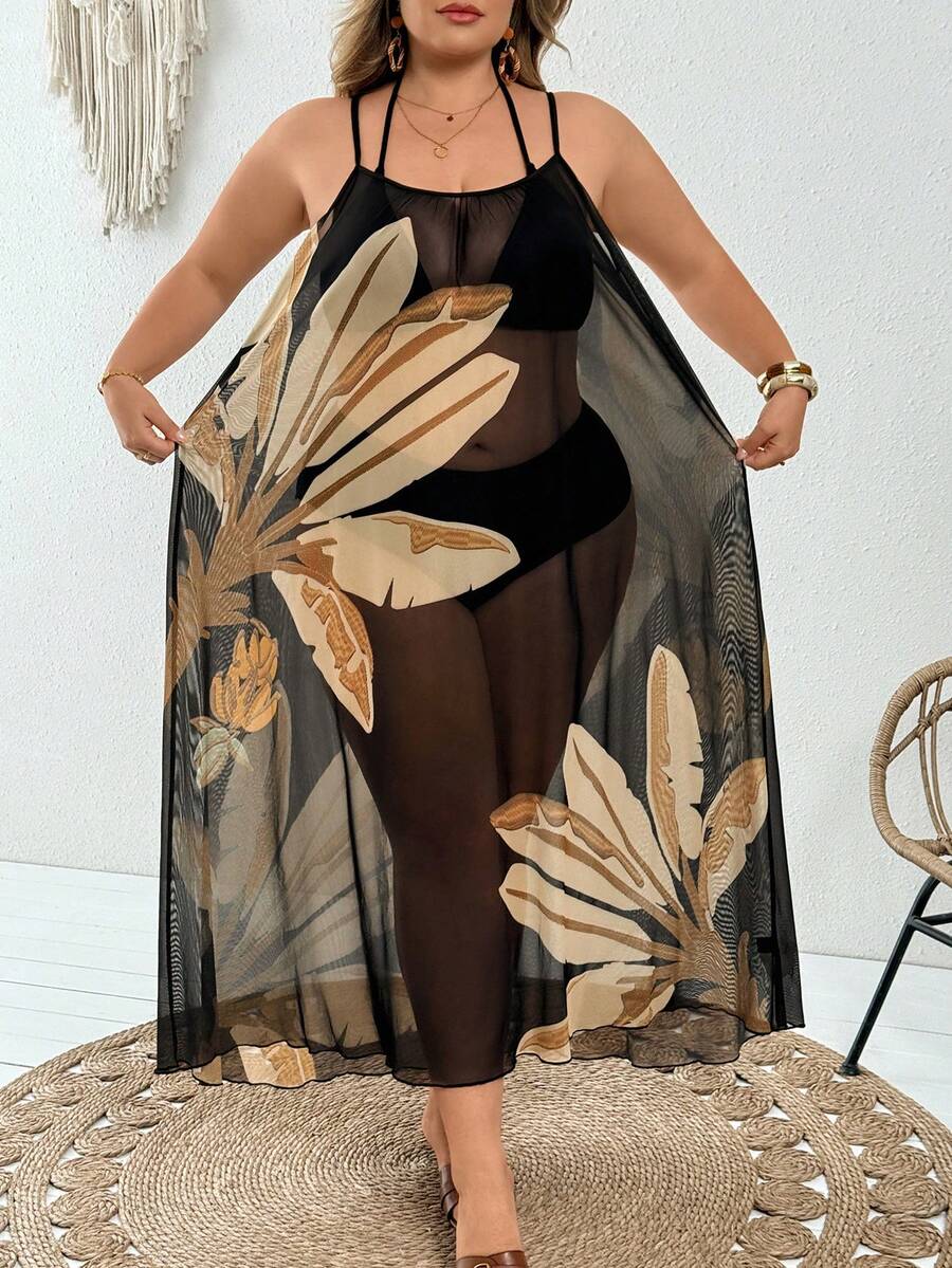 SHEIN CURVE+ 大码女式休闲热带沙滩度假宽松无袖印花长款罩衫 - 黑色 - 查看 1
