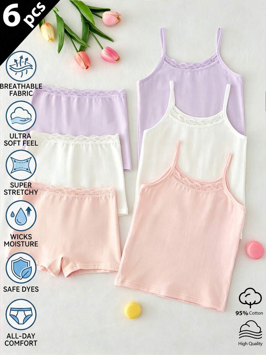 Bộ 6 món đồ lót cơ bản ngọt ngào tối giản cho bé gái, gồm áo hai dây và quần lót viền ren nhiều màu sắc. - Nhiều màu - Xem 1